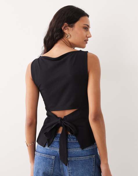 ASOS DESIGN slash neck tie back tank top in black - view 1