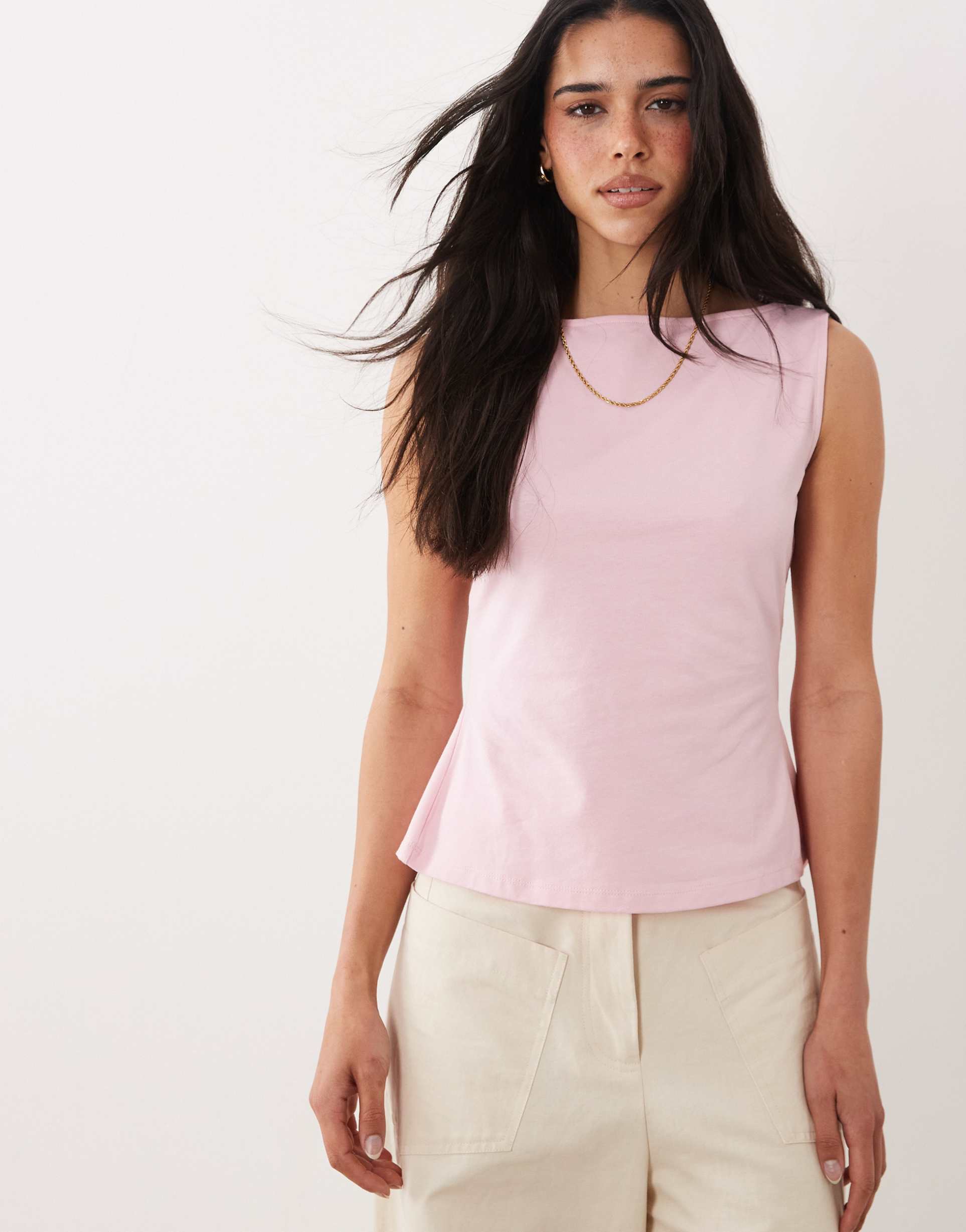 asos design slash neck tie back tank top in pink