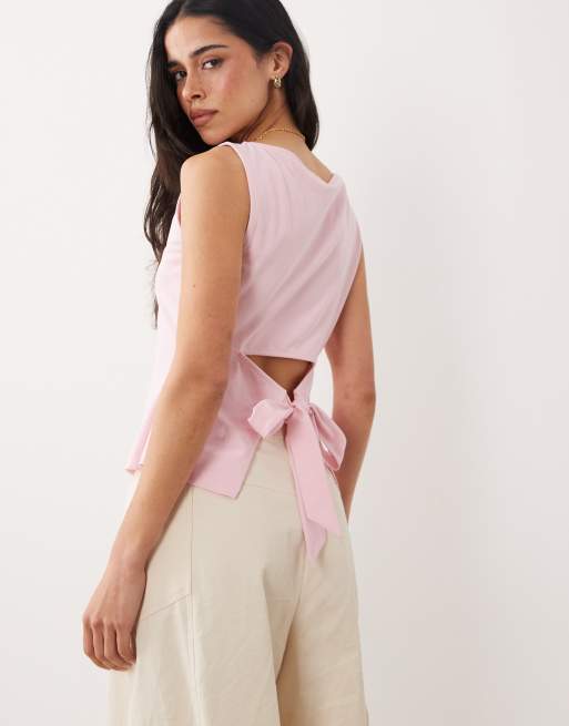 ASOS DESIGN slash neck tie back tank top in pink, 3 of 4