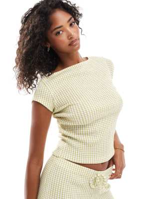 ASOS DESIGN slash neck top in olive check-Green