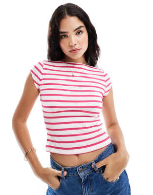 ASOS DESIGN slash neck top in pink stripe