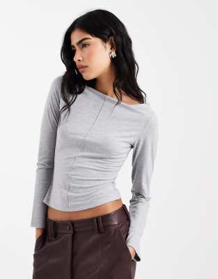 Asos Design Slash Neck Top With Centre Front Seam Detail In Gray