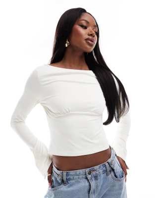 Asos Design Slash Neck Top With Hanky Hem Sleeve Top In Ecru-white