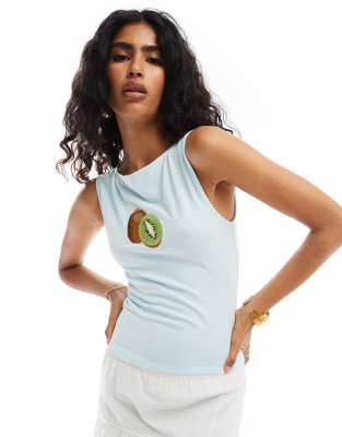 ASOS DESIGN slash neck top with kiwi embroidery in baby blue