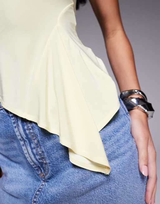 ASOS DESIGN slash neck top with ruffle flare detail in buttermilk yellow