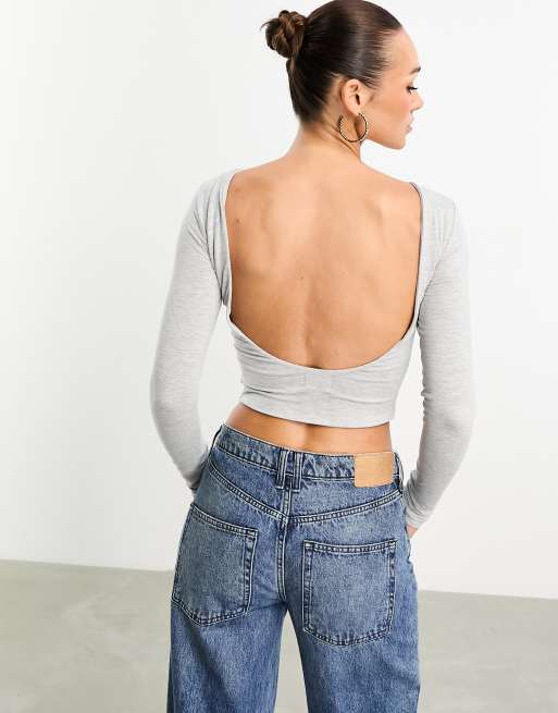 ASOS DESIGN slash neck top with scoop back in gray