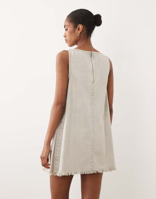 ASOS DESIGN slash neck twill mini dress with pearl embellishment in washed grey, 3 of 4