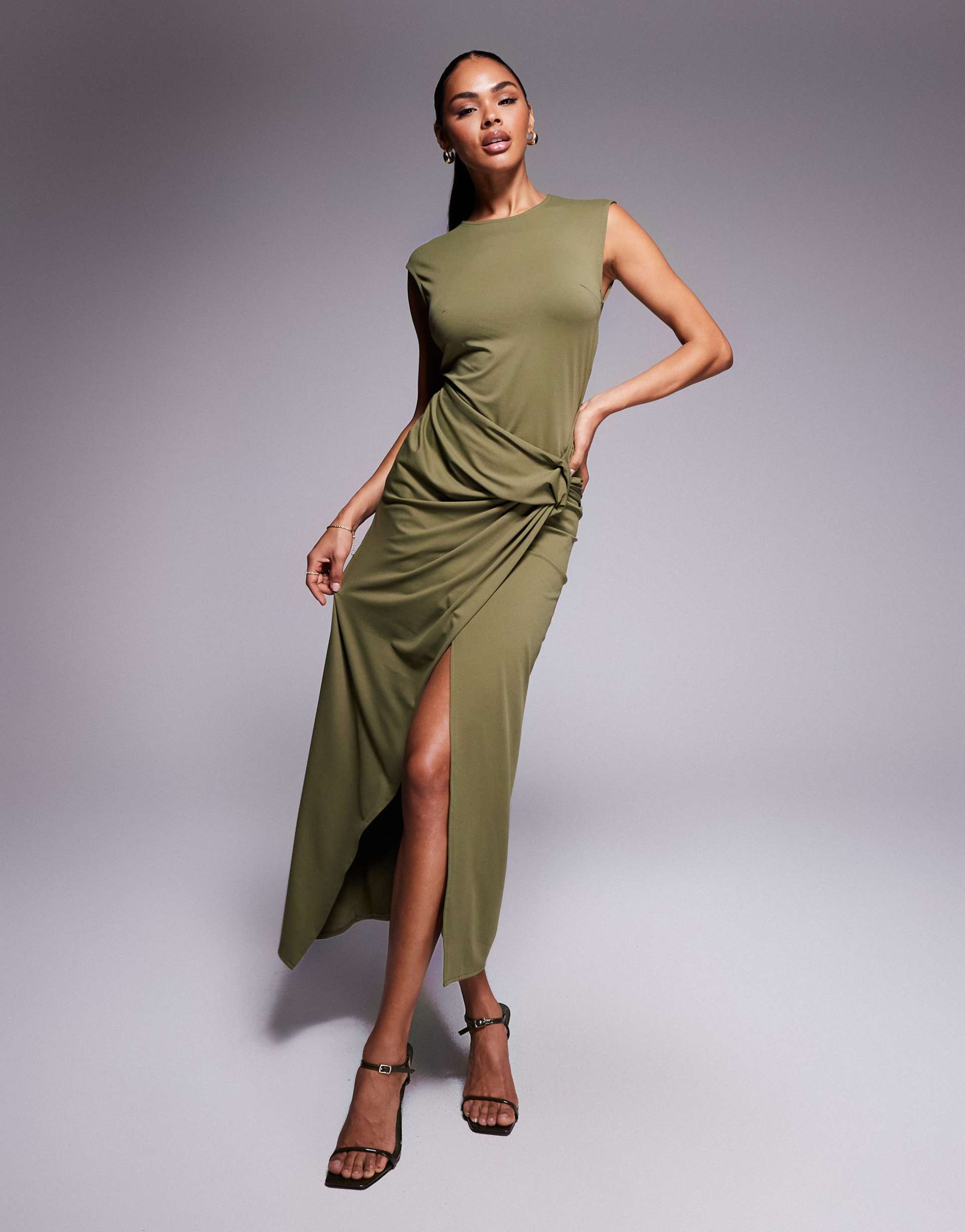 asos design slash neck twist front midi dress in khaki green