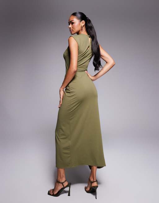 ASOS DESIGN slash neck twist front midi dress in khaki, 4 of 4