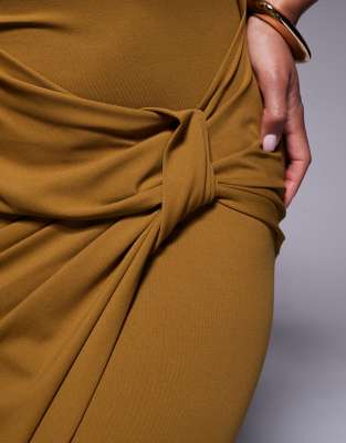 Asos Design Slash Neck Twist Front Midi Dress In Yellow