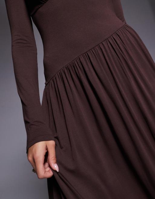 ASOS DESIGN slash neck under bust seam drape midi dress in chocolate