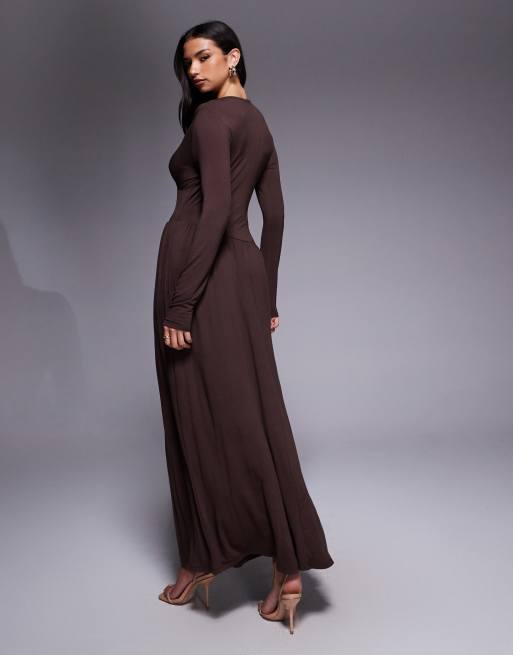 ASOS DESIGN slash neck under bust seam drape midi dress in chocolate