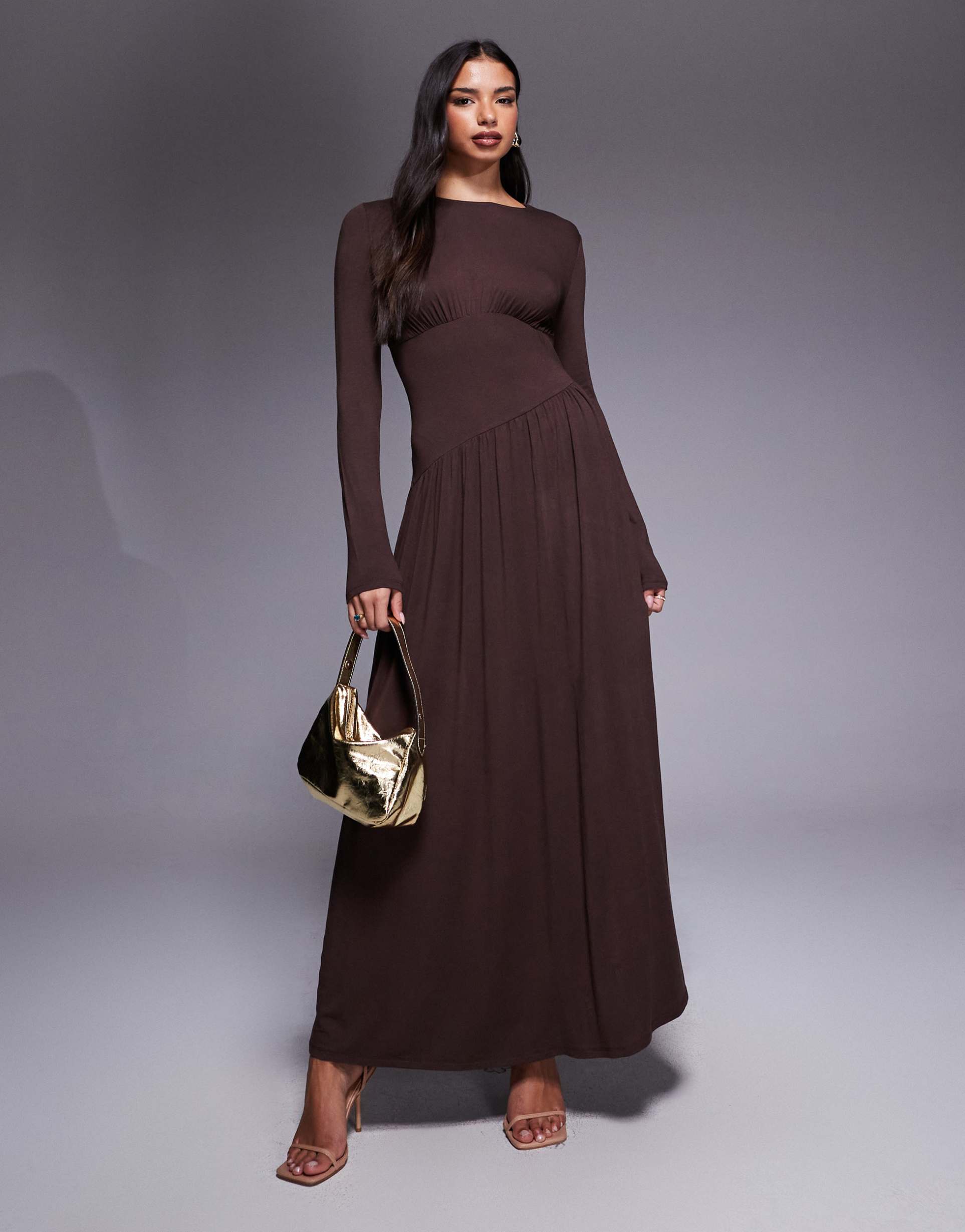 asos design slash neck under bust seam drape midi dress in chocolate