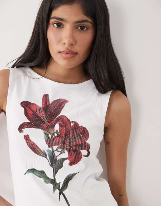 ASOS DESIGN slash neck vest top with hotfix flower graphic in white and dark pink, 2 of 4