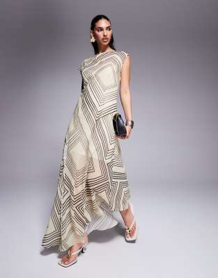 Asos Design Slash Neck Waisted Maxi Dress In Multi
