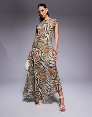 asos design slash neck waisted maxi dress in animal floral print