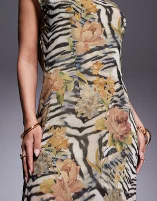 Asos Design Slash Neck Waisted Maxi Dress In Multi