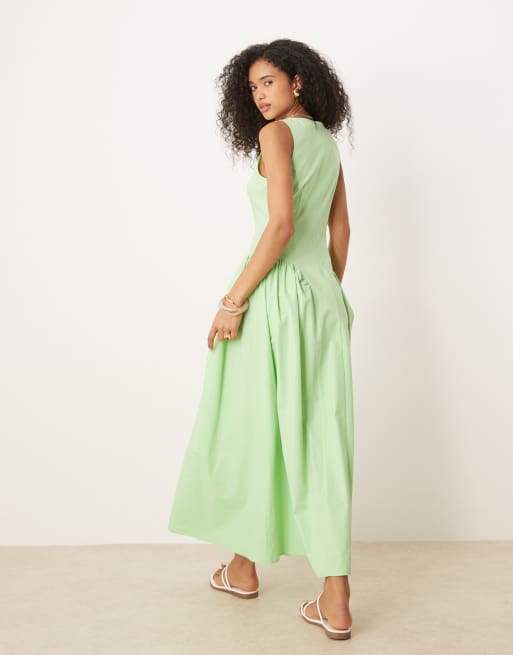 ASOS DESIGN slash neck waisted midi dress in green, 3 of 4