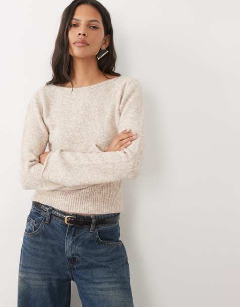 ASOS DESIGN slash neck waisted ribbed jumper in oatmeal - view 1