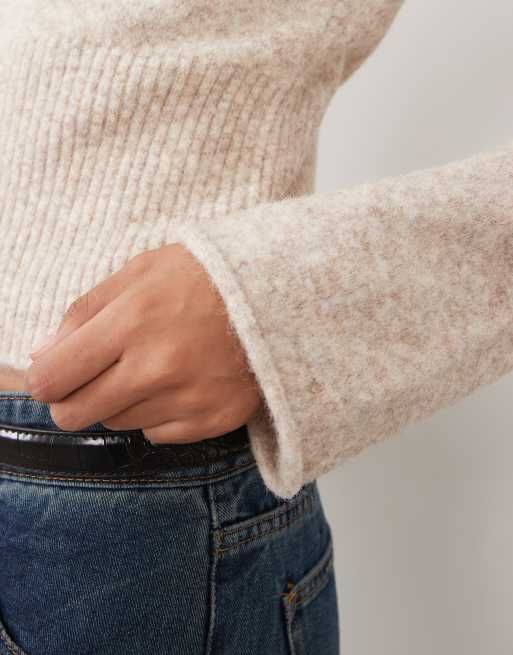 ASOS DESIGN slash neck waisted ribbed jumper in oatmeal, 4 of 4