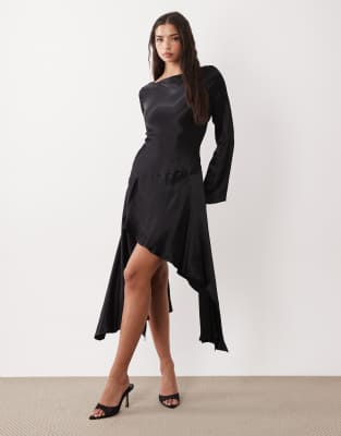 ASOS DESIGN slash neck waterfall mini dress in black