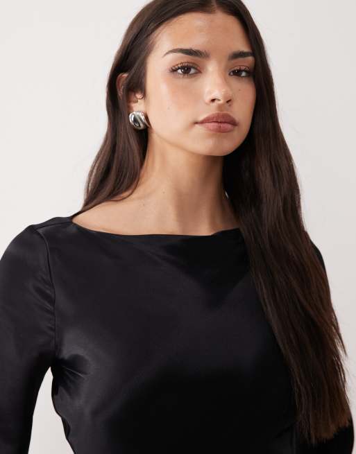 ASOS DESIGN slash neck waterfall mini dress in black, 3 of 4