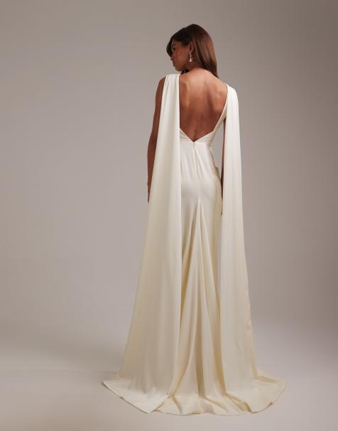 ASOS DESIGN slash neck wedding dress with draped back and scarf detail in ivory - view 1