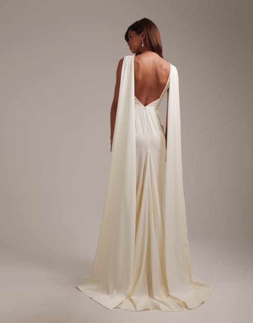 ASOS DESIGN slash neck wedding dress with draped back and scarf detail in ivory, 2 of 6