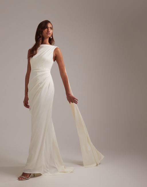 ASOS DESIGN slash neck wedding dress with draped back and scarf detail in ivory, 4 of 6