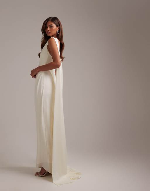 ASOS DESIGN slash neck wedding dress with draped back and scarf detail in ivory, 6 of 6