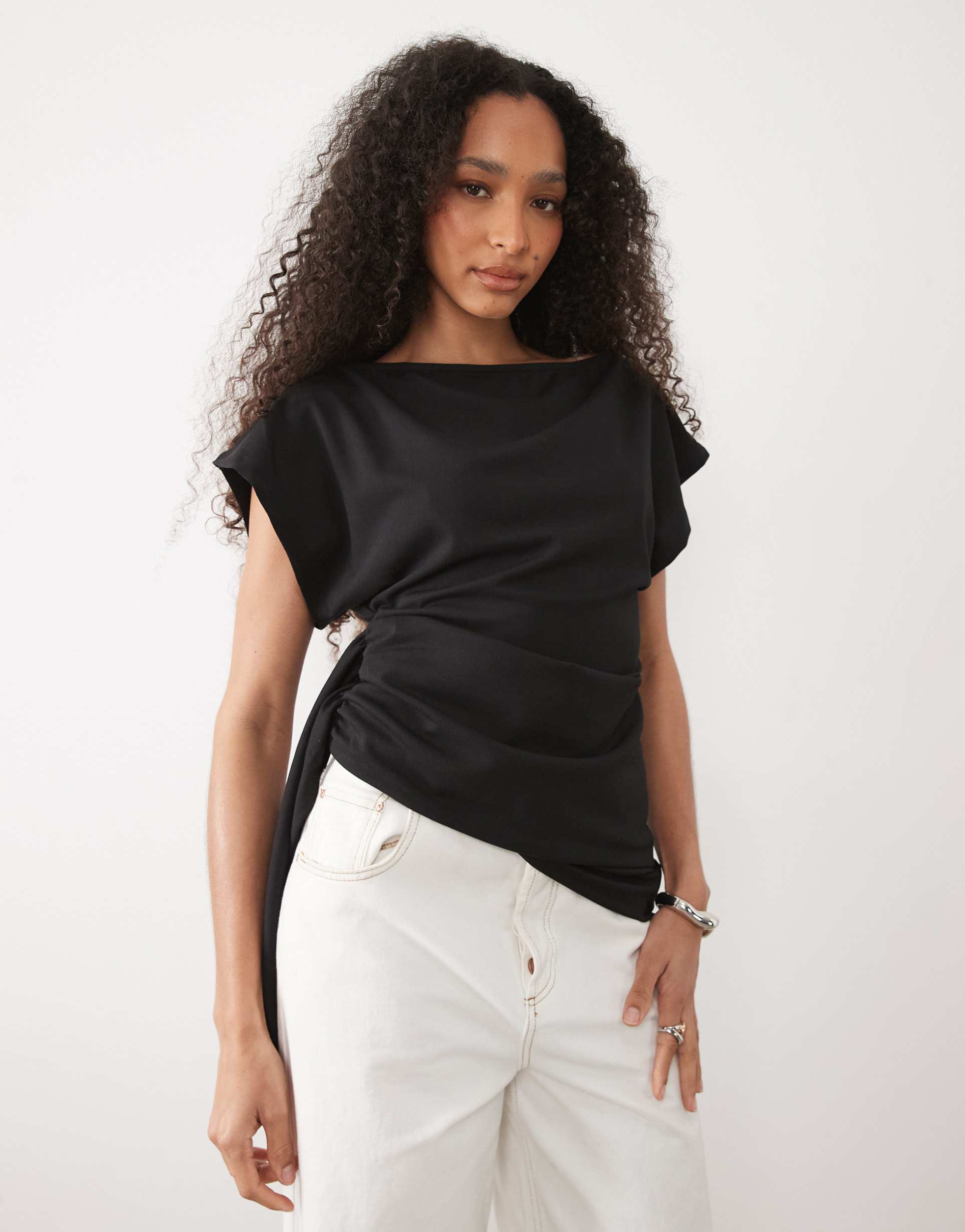 asos design slash neck wrap waist top in black