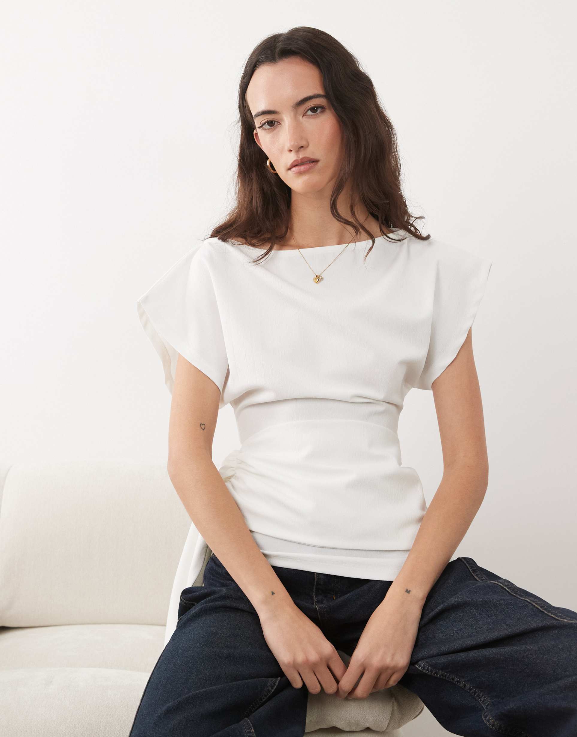 asos design slash neck wrap waist top in white