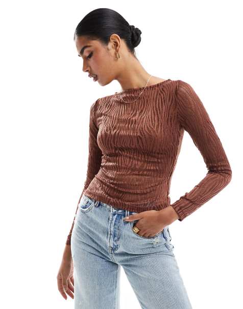 ASOS DESIGN slash neck zebra lace top in chocolate brown - view 1