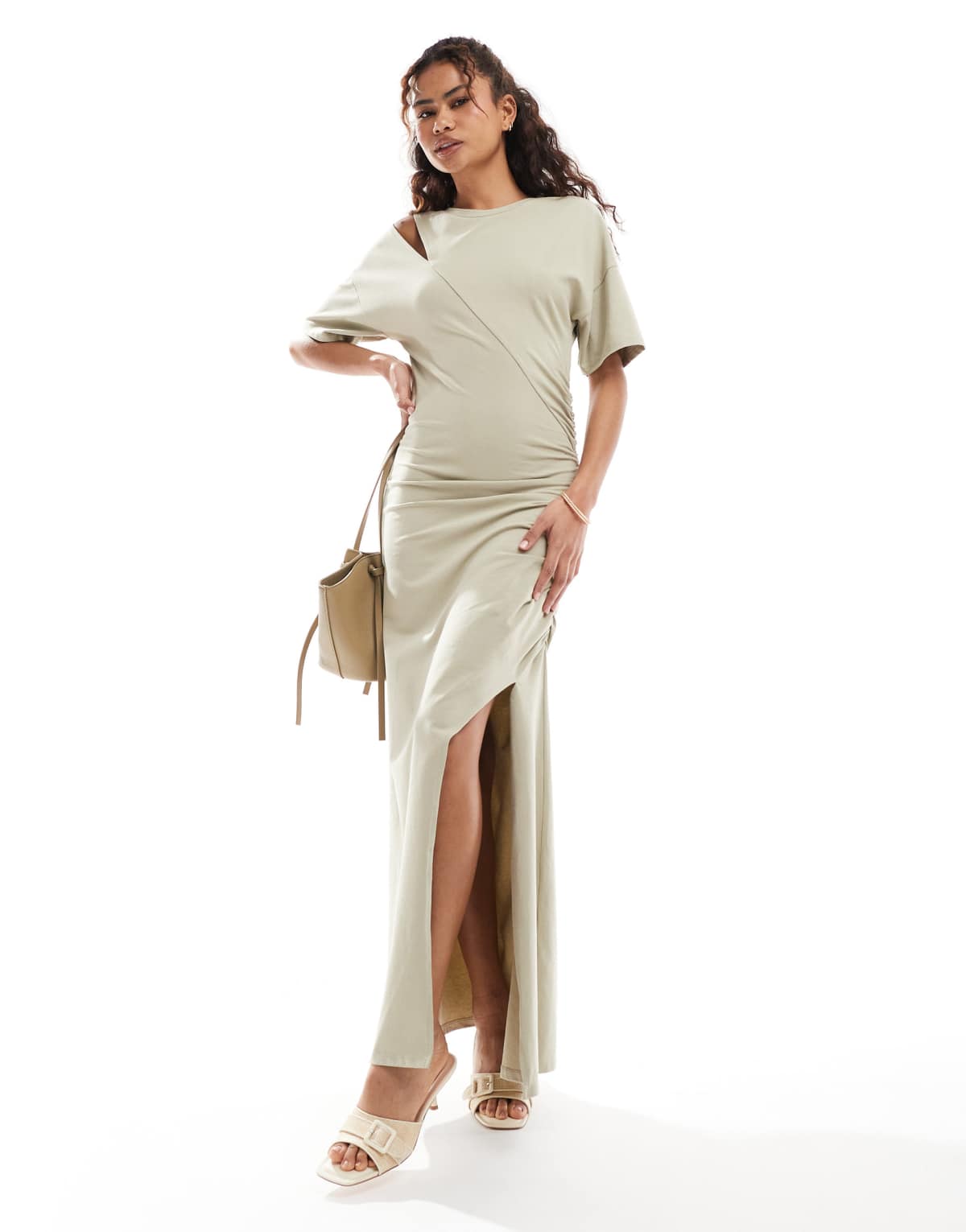 ASOS DESIGN slash ruched front T-shirt maxi dress in stone