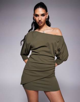 Asos Design Slash Shoulder Wrap Skirt Mini Dress In Green
