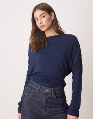 ASOS DESIGN slash slouchy long sleeve top in navy