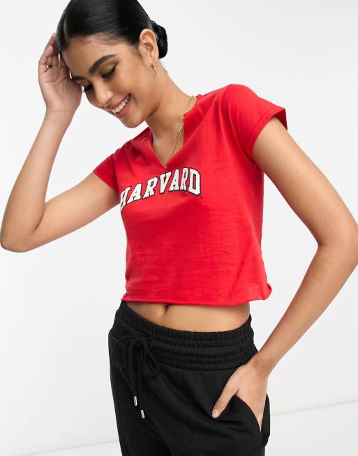 ASOS DESIGN slashed neck harvard licensed graphic tee in red