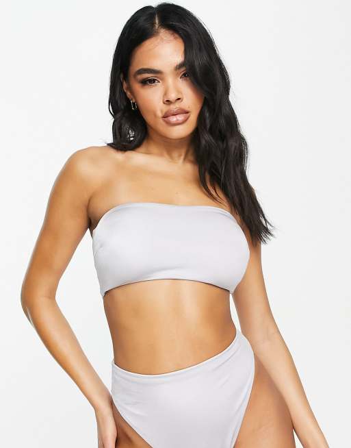 ASOS DESIGN sleek bandeau bikini top in high shine in silver