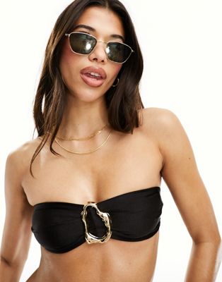 Asos Design Sleek Bandeau Bikini Top With Gold Hardware In Black