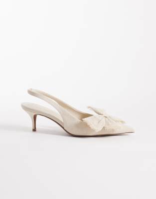 Asos Design Sleek Bow Detail Slingback Kitten Heels In Neutral
