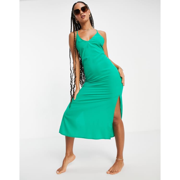 slim fit dress slacks ASOS DESIGN High Neck Pleated Chevron Dobby Midi Dress With Puff Sleeve In  Forest Green main image 1