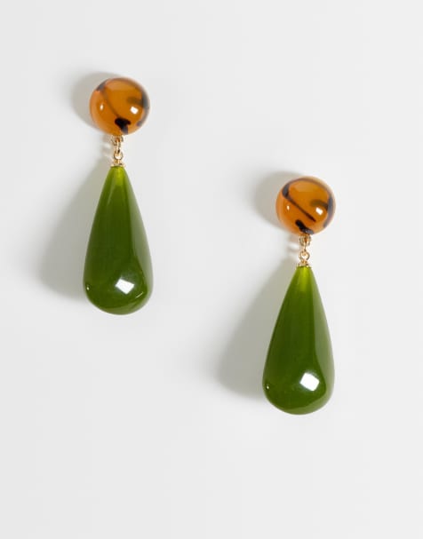 ASOS DESIGN sleek pendant earrings in tortoise shell and green resin - view 1