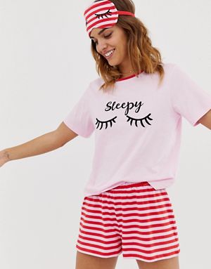 Image result for ASOS DESIGN sleepy stripe short and t-shirt pyjama set