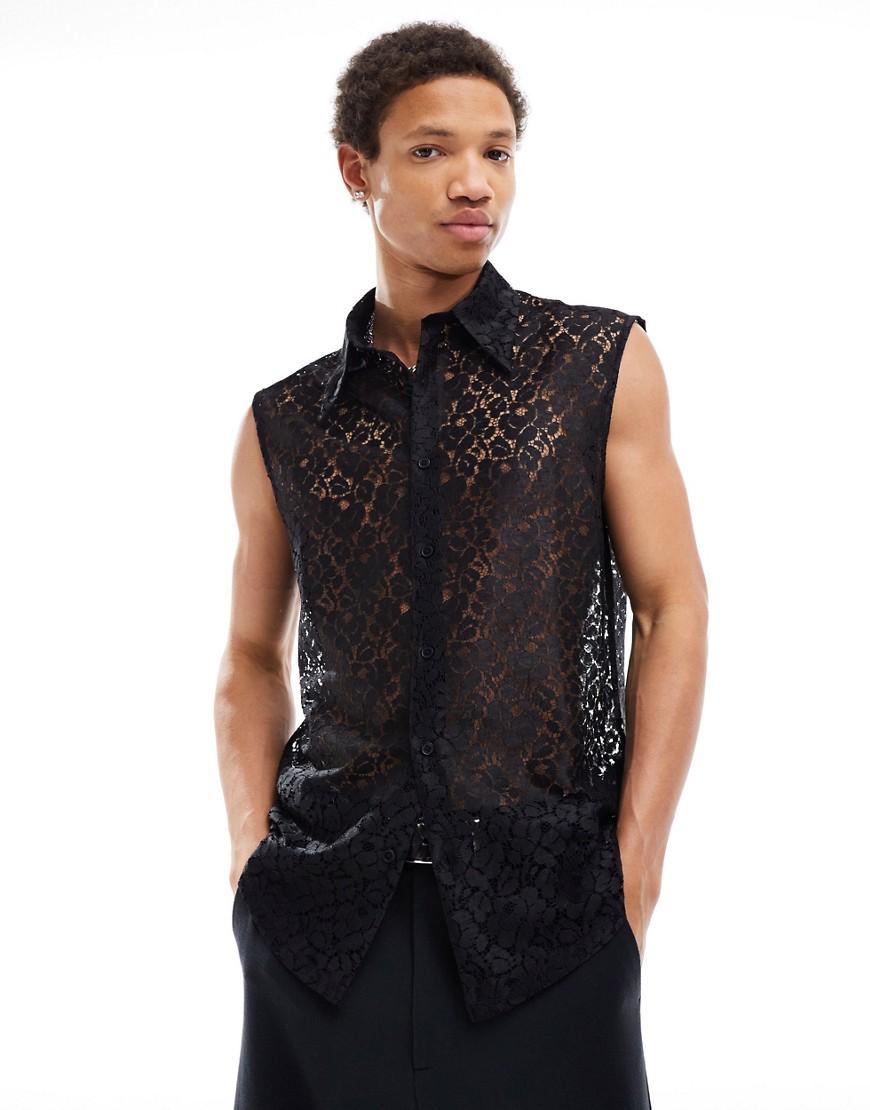 Asos Design Sleeveless 70s Collar Lace Shirt In Black