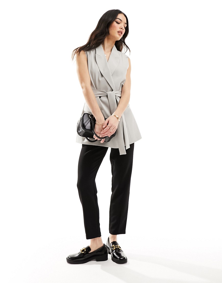 Asos Design Sleeveless Blazer With Waist Tie In Light Gray