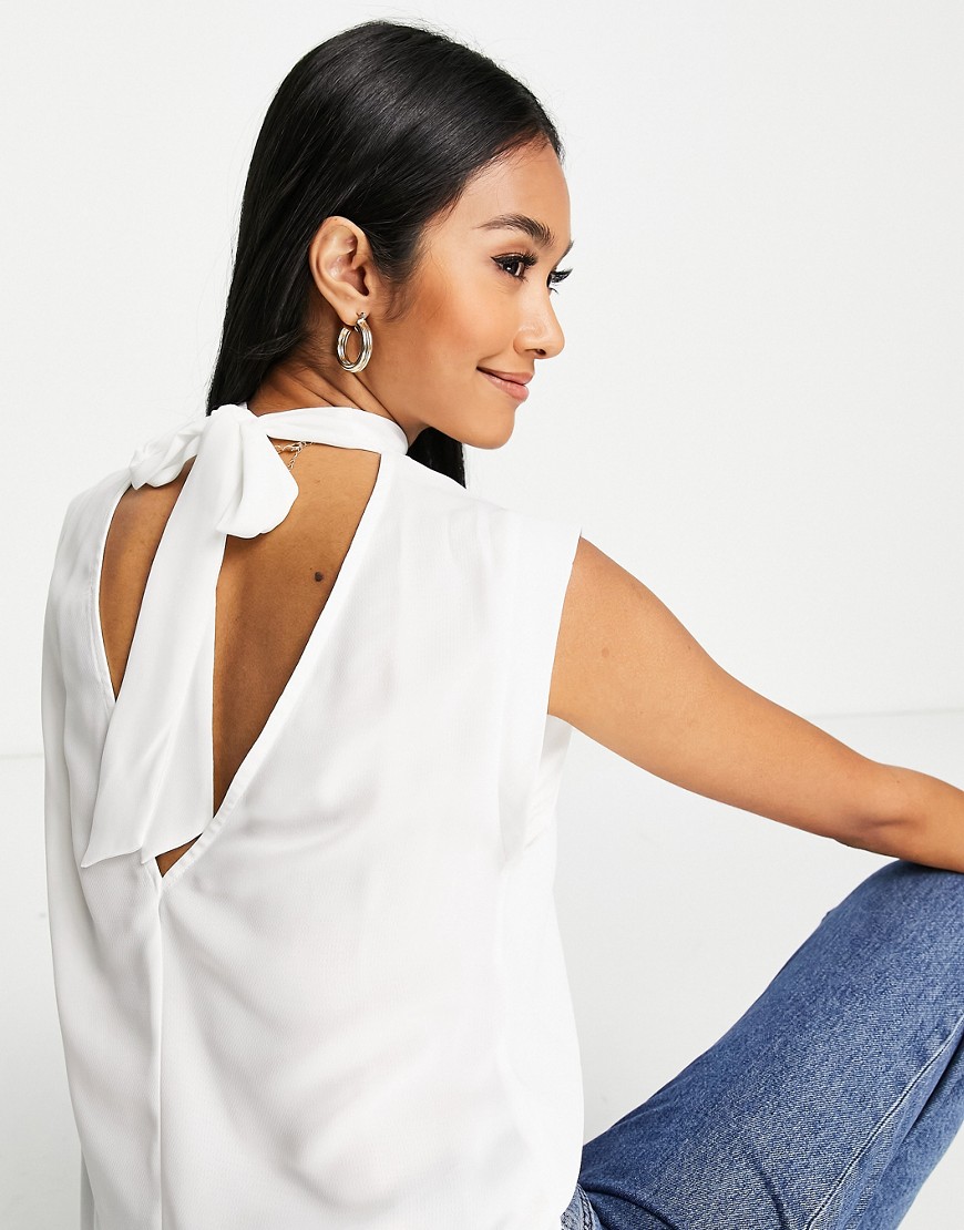 ASOS DESIGN sleeveless blouse with high neck & tie back in white