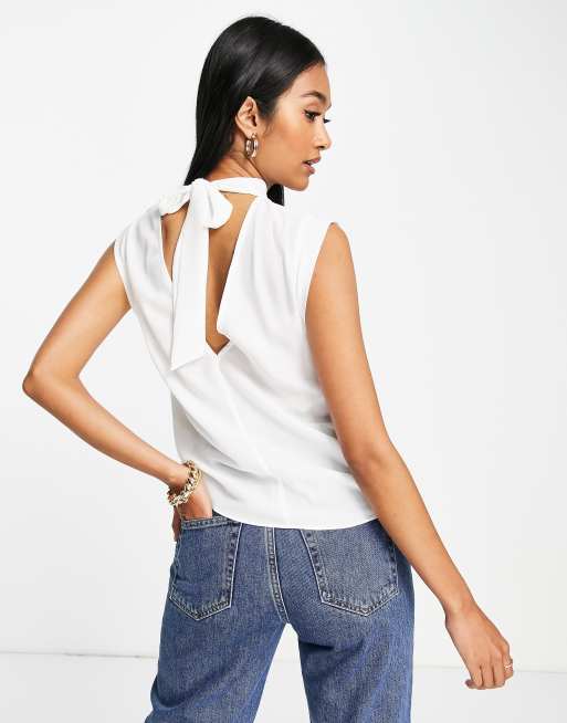 ASOS DESIGN sleeveless blouse with high neck & tie back in white