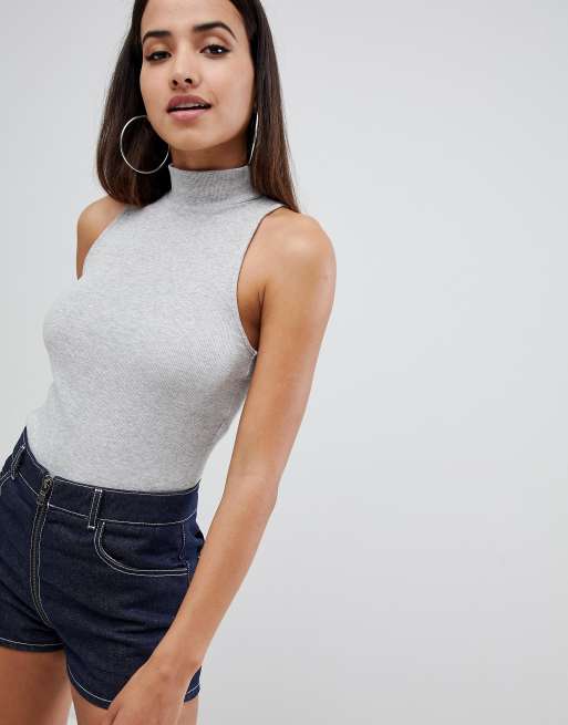 ASOS DESIGN sleeveless bodysuit with turtle neck in grey