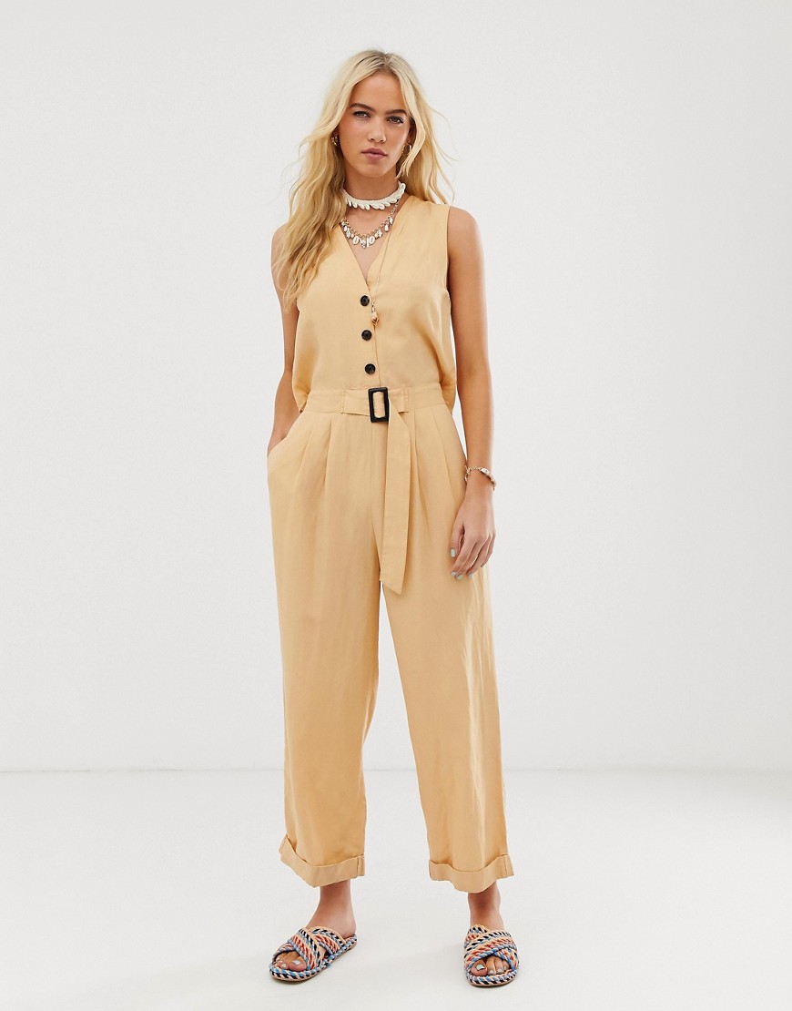 ASOS DESIGN sleeveless boilersuit with open back and buckle-Yellow