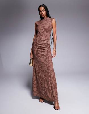 Asos Design Sleeveless Burnout Maxi Dress With Open Back In Brown